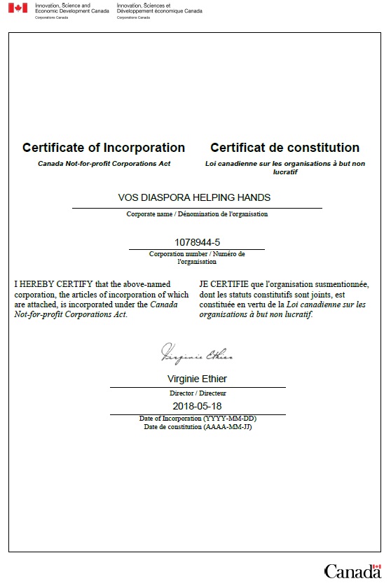 VOS NON-PROFIT CERTIFICATE OF INCORPORATION (CANADA)